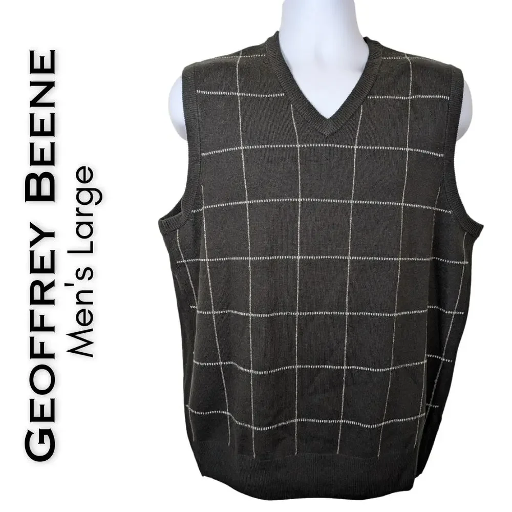 Geoffrey Beene Mens Sweater Vest Large Black Tan Check V-Neck Retro Preppy Knit
